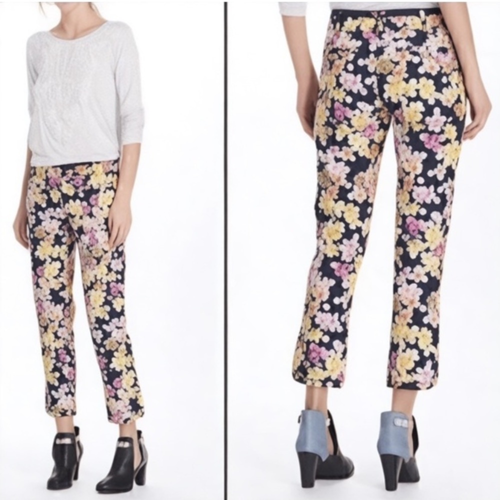 Anthropologie Cartonnier Pants Womens Sz 2 Navy Blue Floral Print Ankle Trousers